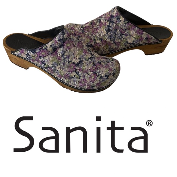Sanita Danish Floral Wooden Clogs Shoes Sz 41 US 10 Floral Embroidered Purple - Picture 3 of 9